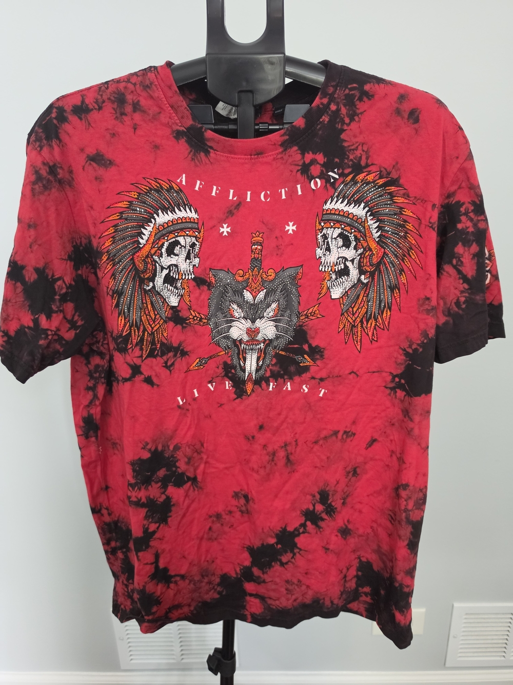 Affliction Red & Black Tie-Dye Graphic Tee with Skull and Wolf Motif